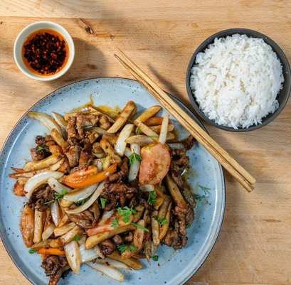 Beef stir-fry with onions and steamed rice from Lucky Koi Express in Winnipeg