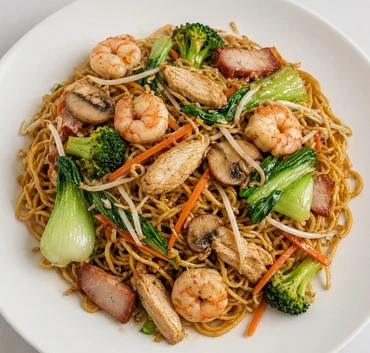 Deluxe chow mein with shrimp, chicken and vegetables from Lucky Koi Express